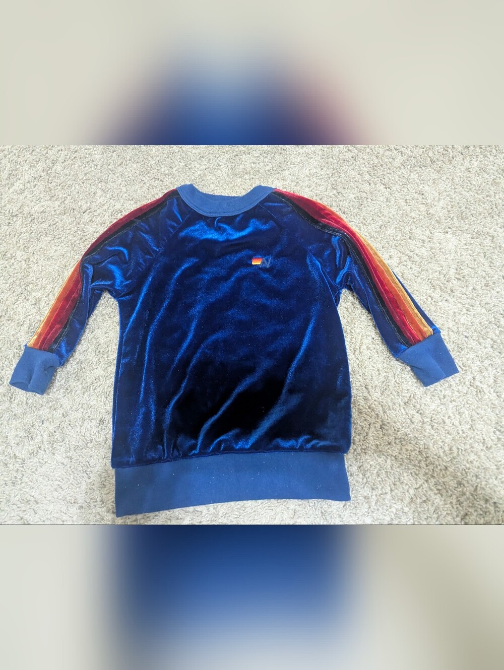 Aviator Nation Kids Velour Sweatshirt in Navy with Rainbow Stripe Sleeves